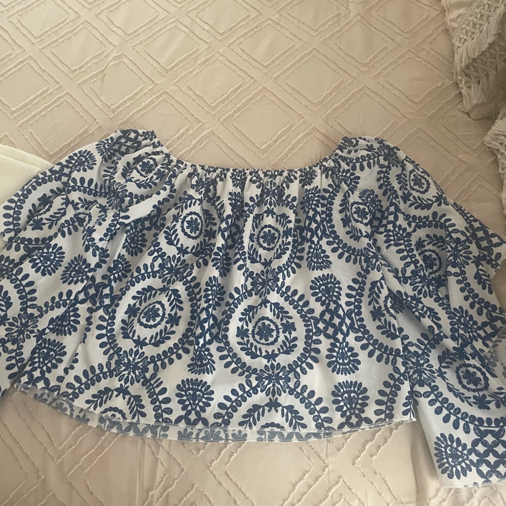 Blue and White Off the Shoulder Patterned Blouse
